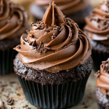 Moist chocolate cupcakes topped with creamy chocolate frosting