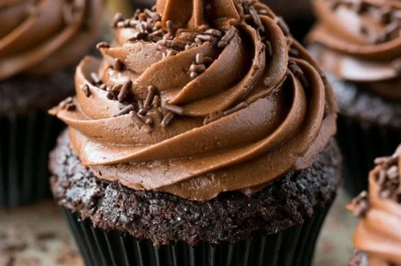 Moist chocolate cupcakes topped with creamy chocolate frosting