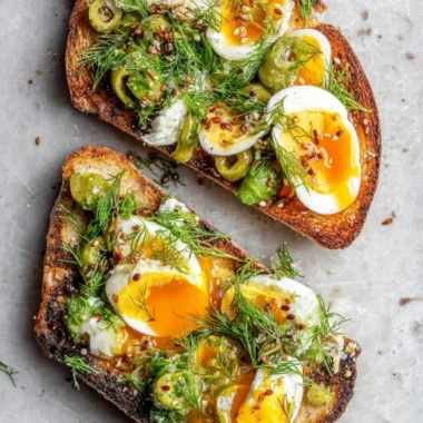 Delicious Niçoise Egg Salad Toast topped on crispy bread with fresh ingredients