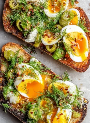 Delicious Niçoise Egg Salad Toast topped on crispy bread with fresh ingredients