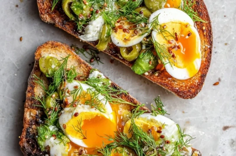 Delicious Niçoise Egg Salad Toast topped on crispy bread with fresh ingredients