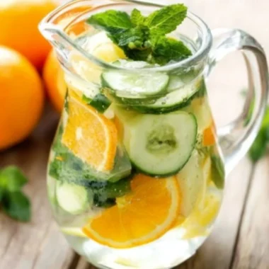 Refreshing Orange Cucumber and Mint Water served in a glass