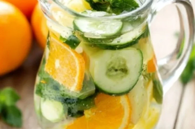 Refreshing Orange Cucumber and Mint Water served in a glass