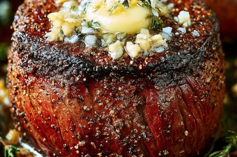 Perfectly cooked oven-baked filet mignon on a plate