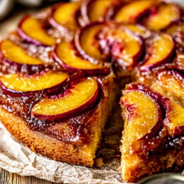 Delicious Peach Upside-Down Cake with caramelized peaches on top