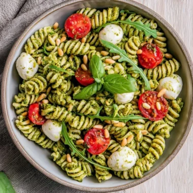 Delicious pesto pasta salad with fresh vegetables and colorful ingredients
