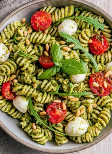 Delicious pesto pasta salad with fresh vegetables and colorful ingredients