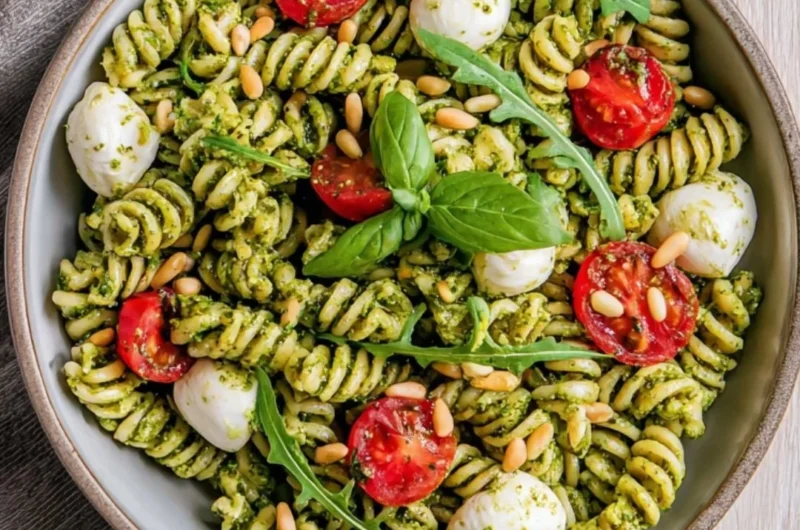 Delicious pesto pasta salad with fresh vegetables and colorful ingredients