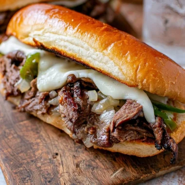 Delicious Philly Cheesesteak with melted cheese served in a fresh roll.