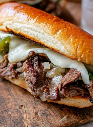 Delicious Philly Cheesesteak with melted cheese served in a fresh roll.