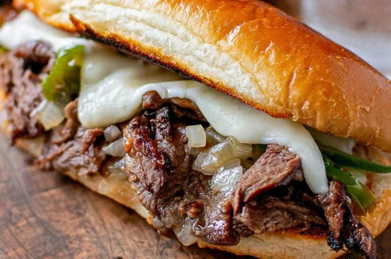 Delicious Philly Cheesesteak with melted cheese served in a fresh roll.