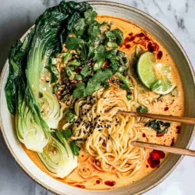 A bowl of quick spicy coconut noodles garnished with herbs and lime.