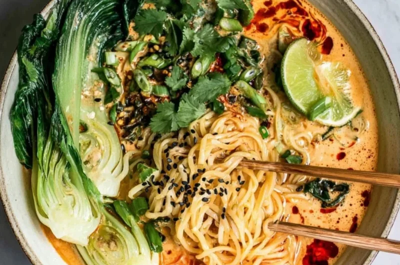 A bowl of quick spicy coconut noodles garnished with herbs and lime.