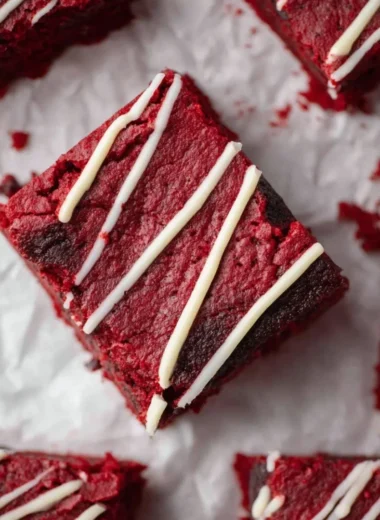 Delicious Red Velvet Brownies topped with cream cheese frosting