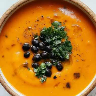 Bowl of roasted sweet potato and black bean soup garnished with herbs