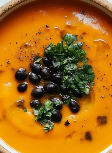 Bowl of roasted sweet potato and black bean soup garnished with herbs