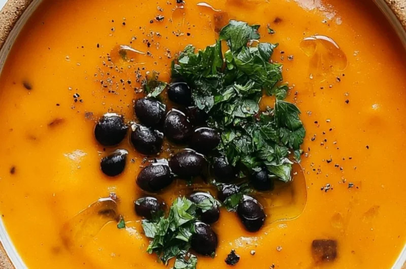 Bowl of roasted sweet potato and black bean soup garnished with herbs