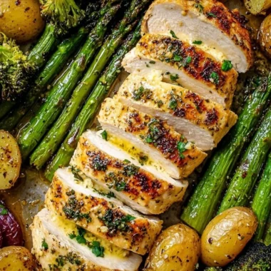 Sheet pan garlic butter chicken and veggies, a flavorful and easy dinner recipe.