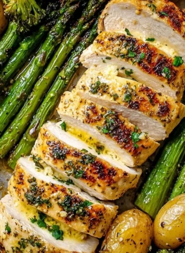 Sheet pan garlic butter chicken and veggies, a flavorful and easy dinner recipe.