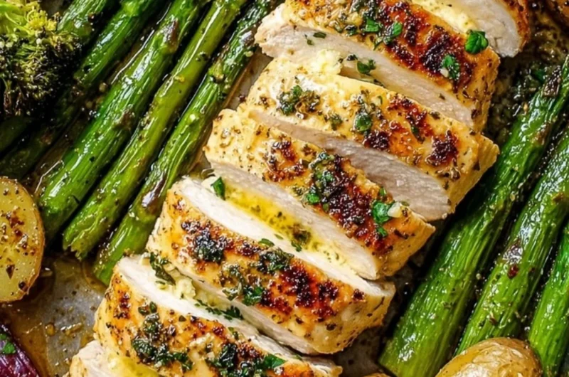 Sheet pan garlic butter chicken and veggies, a flavorful and easy dinner recipe.