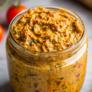 Bowl of Sicilian Tomato Pesto with fresh ingredients and herbs