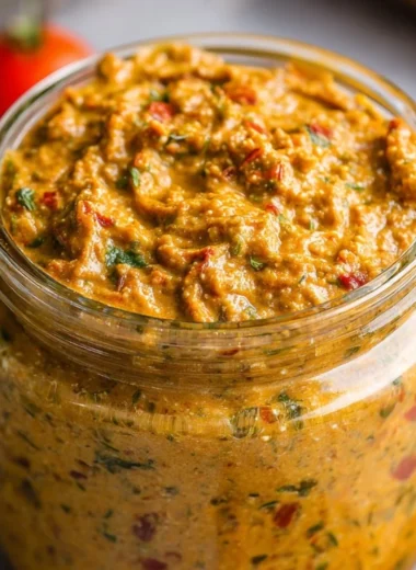 Bowl of Sicilian Tomato Pesto with fresh ingredients and herbs
