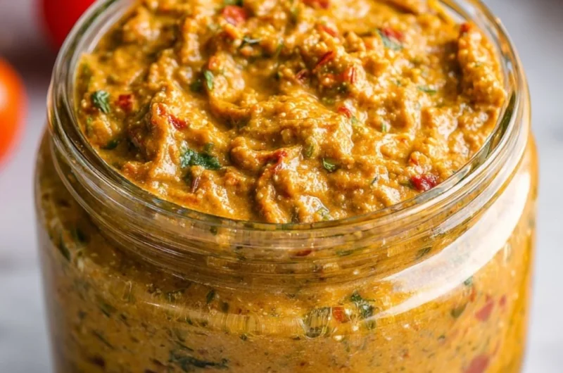 Bowl of Sicilian Tomato Pesto with fresh ingredients and herbs