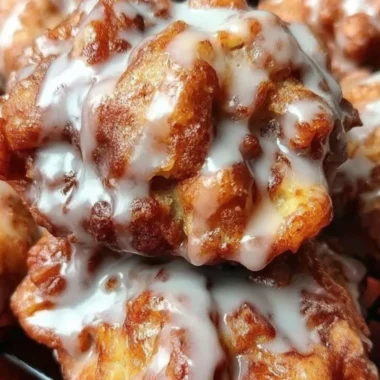 Freshly baked soft cinnamon apple fritters topped with powdered sugar.