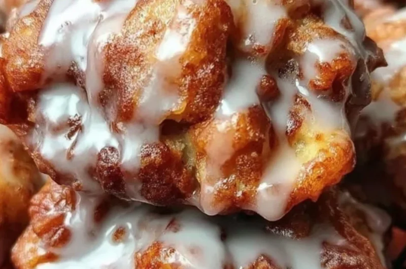 Freshly baked soft cinnamon apple fritters topped with powdered sugar.
