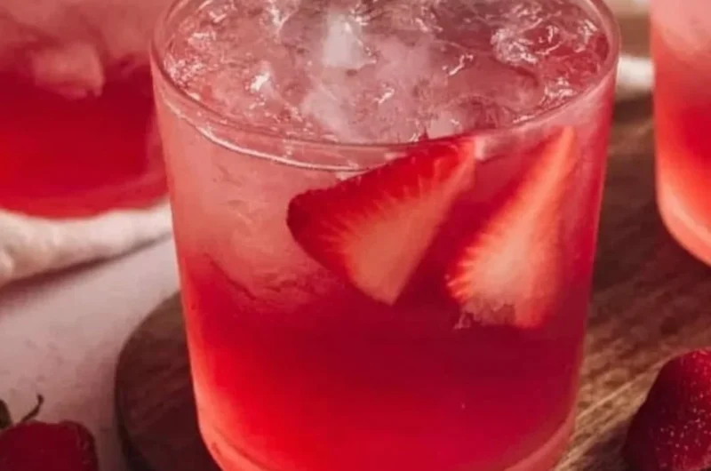 Homemade strawberry iced tea in a glass with fresh strawberries and mint