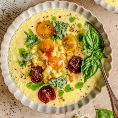 Bowl of refreshing summer sweet corn gazpacho garnished with herbs