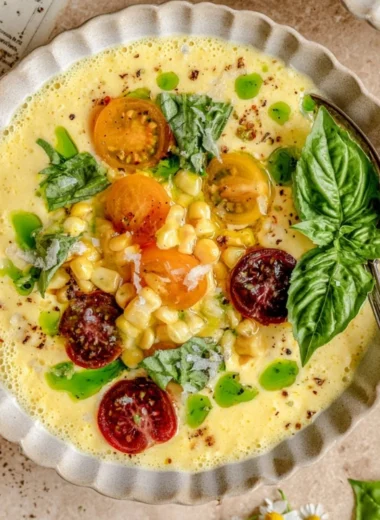 Bowl of refreshing summer sweet corn gazpacho garnished with herbs