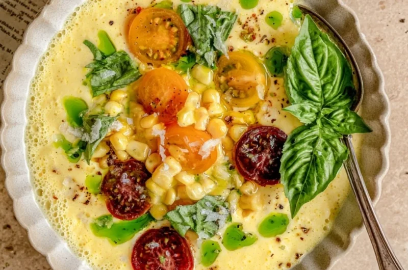 Bowl of refreshing summer sweet corn gazpacho garnished with herbs