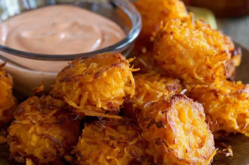 Crispy sweet potato tots served on a plate with dipping sauce