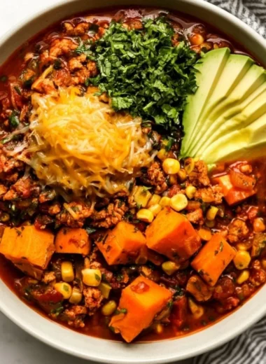 Bowl of sweet potato turkey chili topped with fresh cilantro and diced avocado.