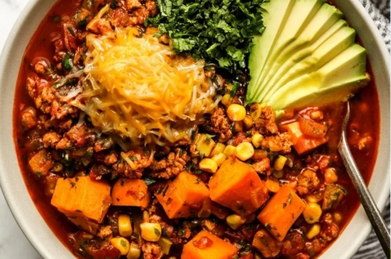 Bowl of sweet potato turkey chili topped with fresh cilantro and diced avocado.
