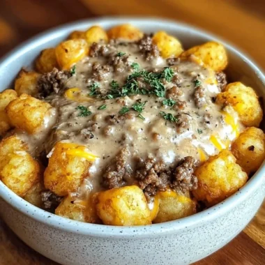 Delicious Tater Tot Breakfast Bowl with sausage gravy and toppings