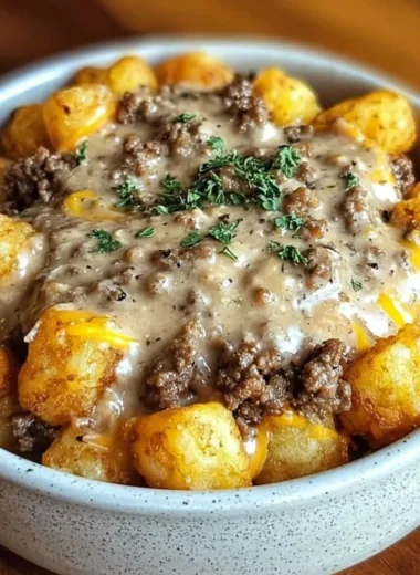 Delicious Tater Tot Breakfast Bowl with sausage gravy and toppings