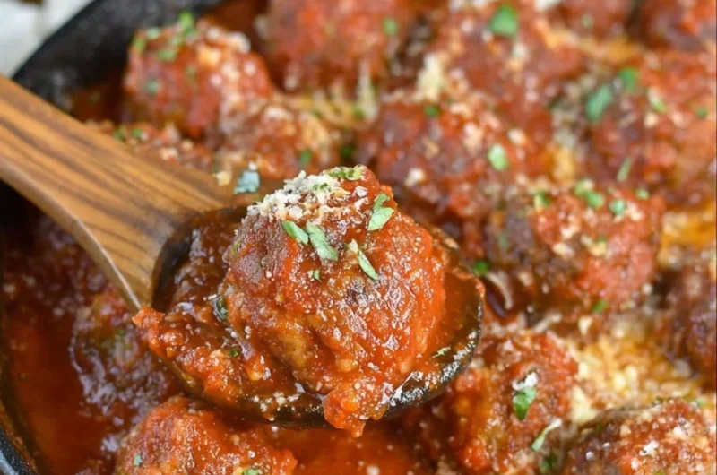 Delicious Italian meatballs served with marinara sauce and spaghetti