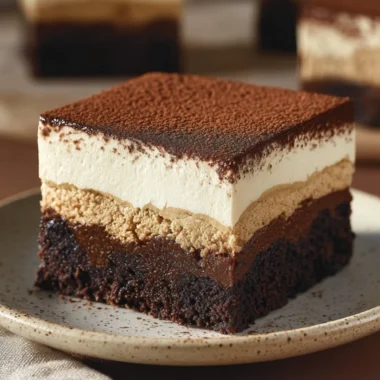 Delicious Tiramisu Brownies topped with cocoa powder and coffee flavors