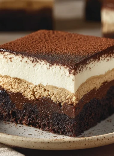 Delicious Tiramisu Brownies topped with cocoa powder and coffee flavors