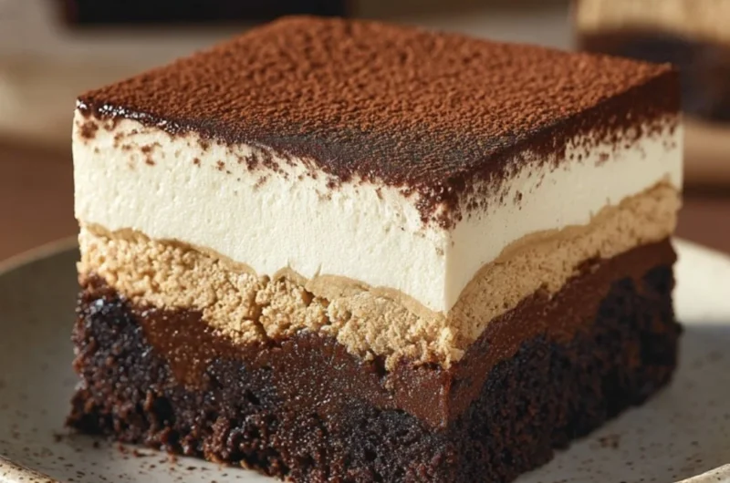 Delicious Tiramisu Brownies topped with cocoa powder and coffee flavors