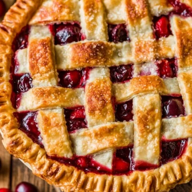 Deliciously baked ultimate cherry pie with a golden crust and cherry filling.