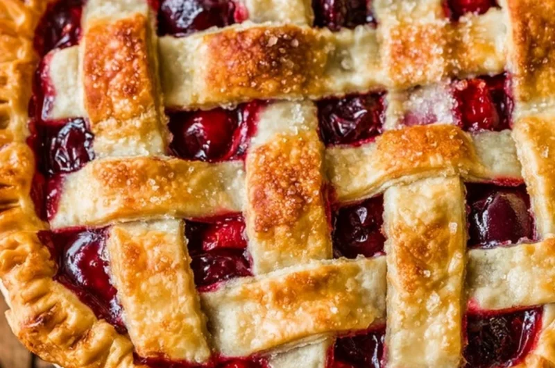 Deliciously baked ultimate cherry pie with a golden crust and cherry filling.