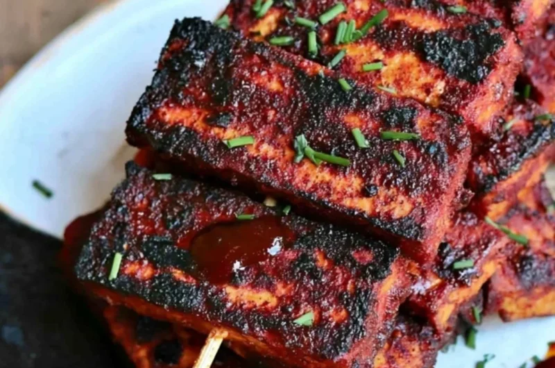 Delicious vegan sweet and spicy BBQ tofu served on a plate