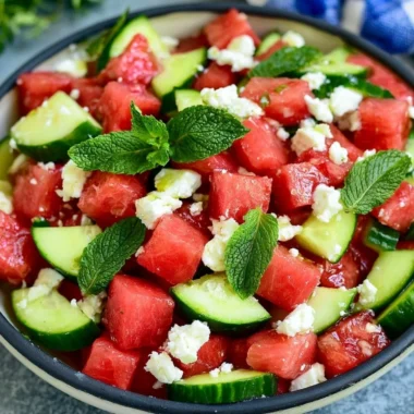 Fresh Watermelon Salad with mint and feta cheese in a vibrant bowl.