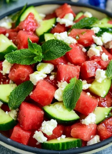 Fresh Watermelon Salad with mint and feta cheese in a vibrant bowl.