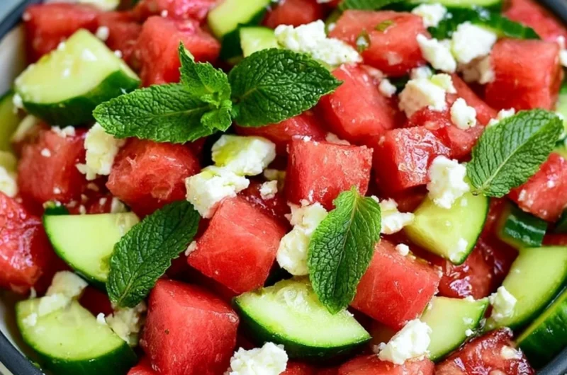 Fresh Watermelon Salad with mint and feta cheese in a vibrant bowl.