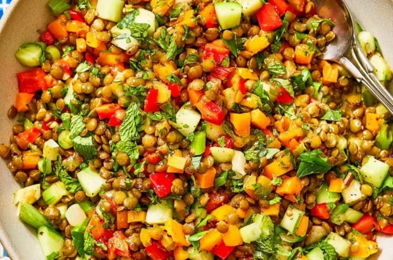 A colorful Mediterranean lentil salad with fresh vegetables and herbs in a bowl.
