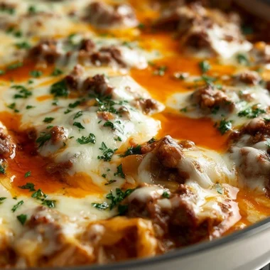 Unstuffed ground beef cabbage roll casserole served in a baking dish